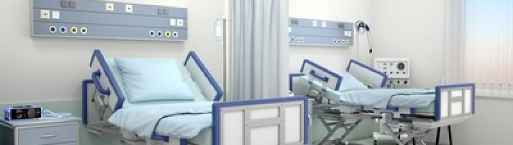 hospital room with two beds in blue tones. 3d illustration